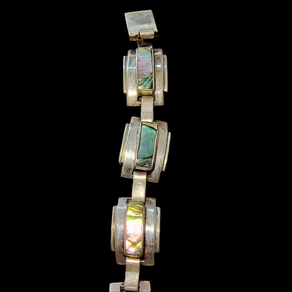 Vintage Taxco Signed Sterling Silver & Abalone Link Bracelet Size 6 1/2 - Picture 3 of 10